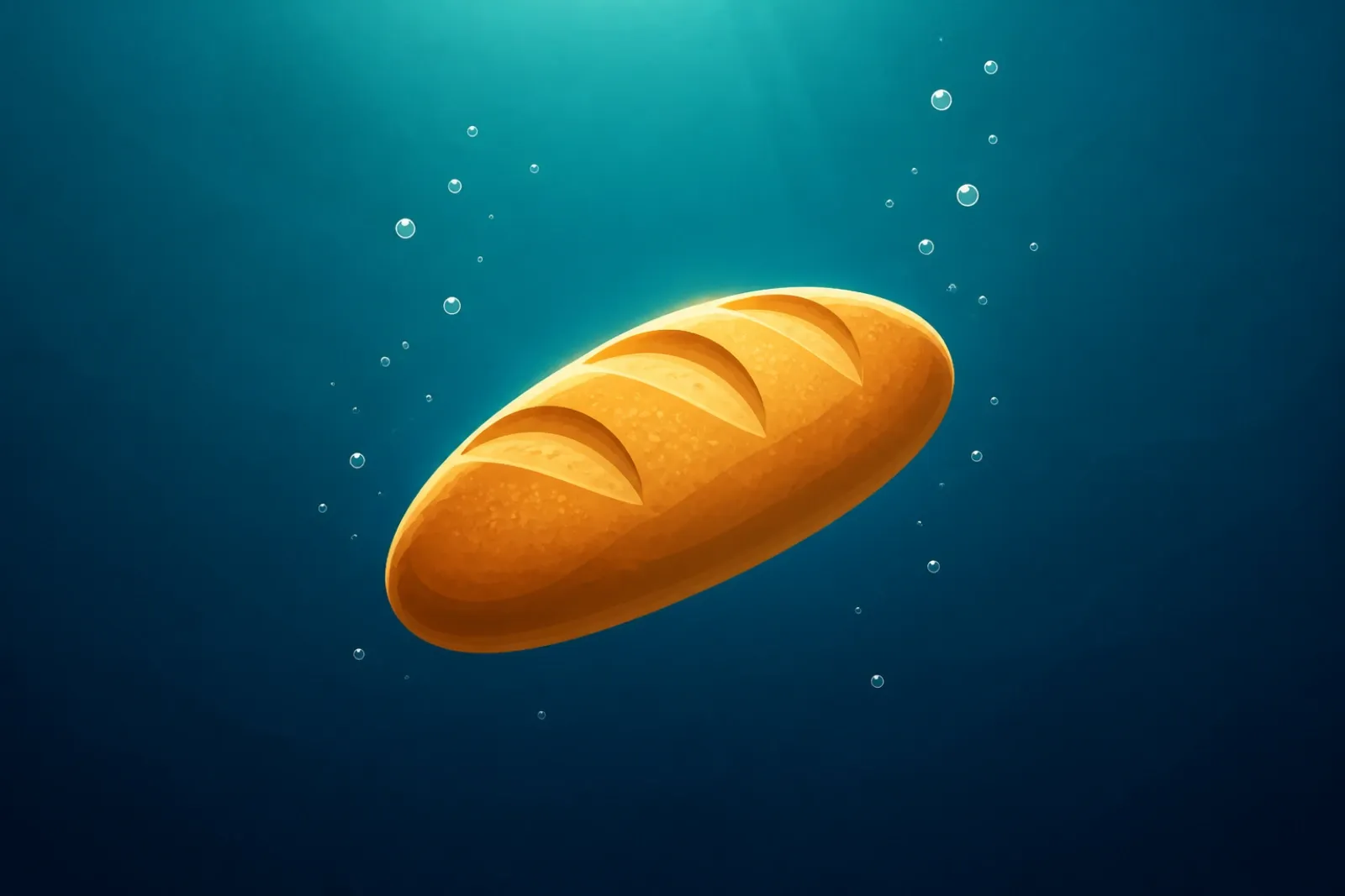A loaf of bread drifting on the sea floor surrounded by rising bubbles.