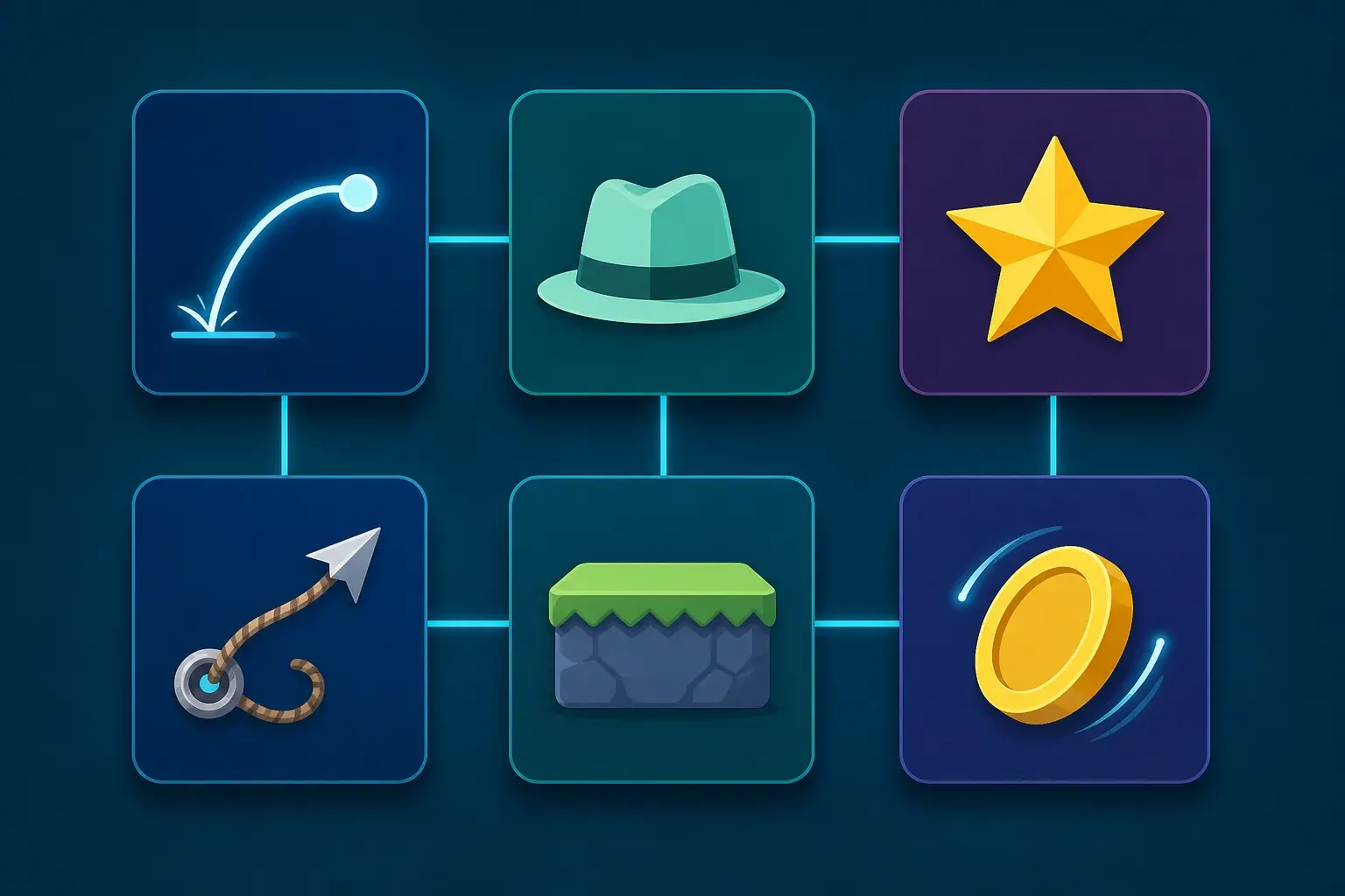 Six rounded cards in a grid, each holding a simple glyph — a jump arc, a hat, a star, a hookshot, a platform block and a spinning coin — linked by thin lines.